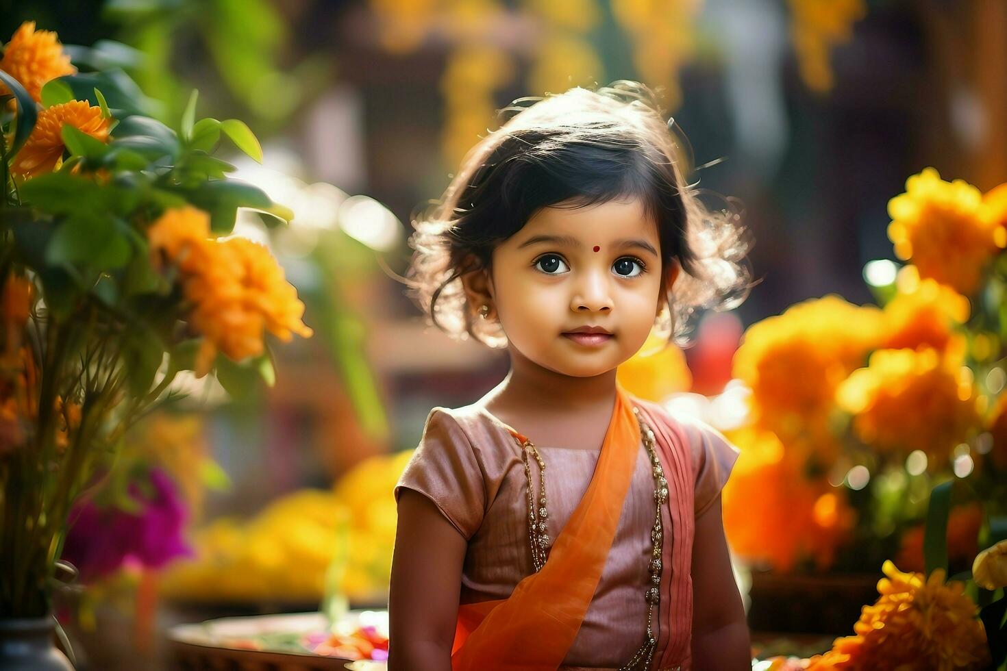 A cute little indian standing in front of flowers AI Generated photo