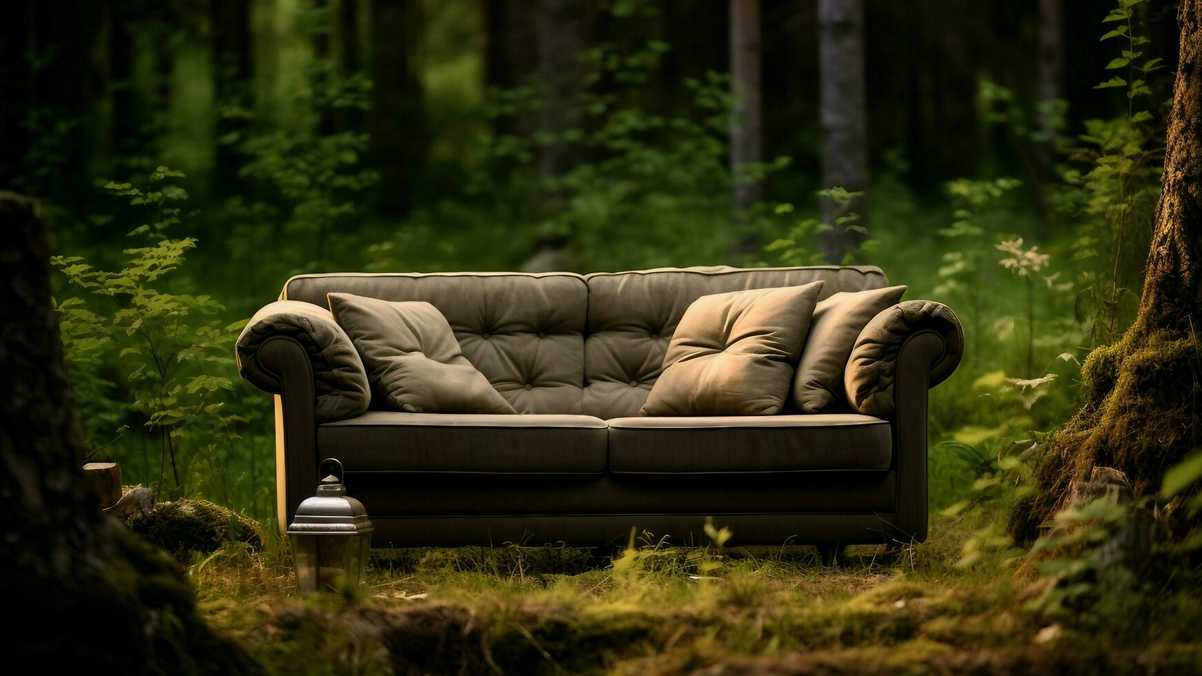 Empty sofa in the forest AI Generated photo