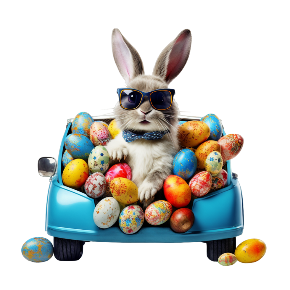 söt påsk kanin med solglasögon ser ut av en bil inlämnad med påsk ägg ai generativ png