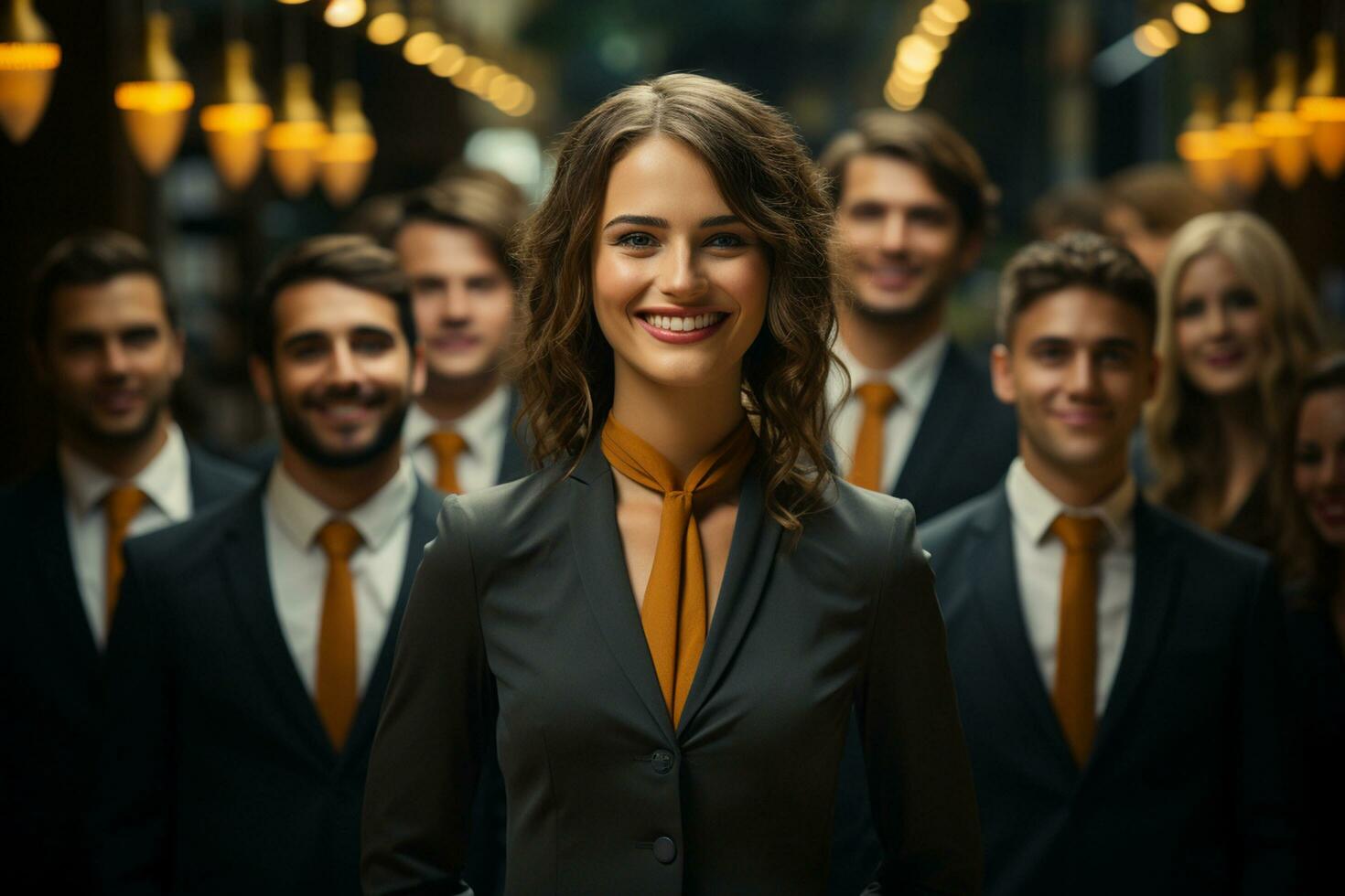 ai generativo grupo de contento negocio hombre y negocio mujer, vestido en trajes son sonriente, en el oficina foto