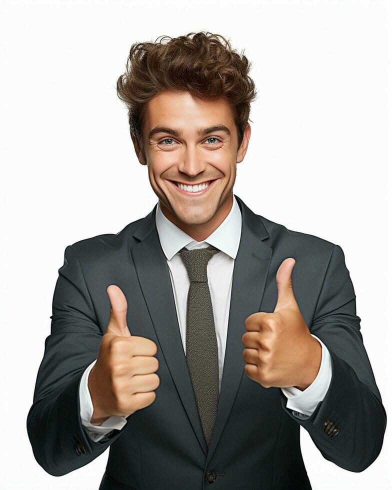 Ai generative photo business concept portrait of excited man dressed in formal wear giving thumbs up