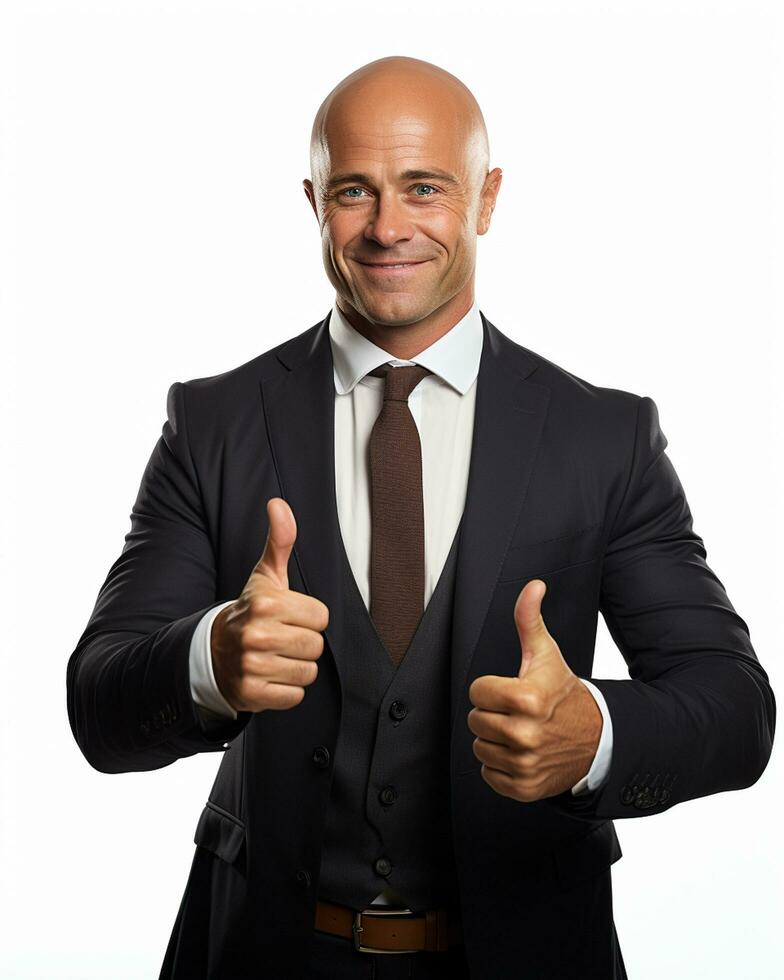 Ai generative photo business concept portrait of excited man dressed in formal wear giving thumbs up