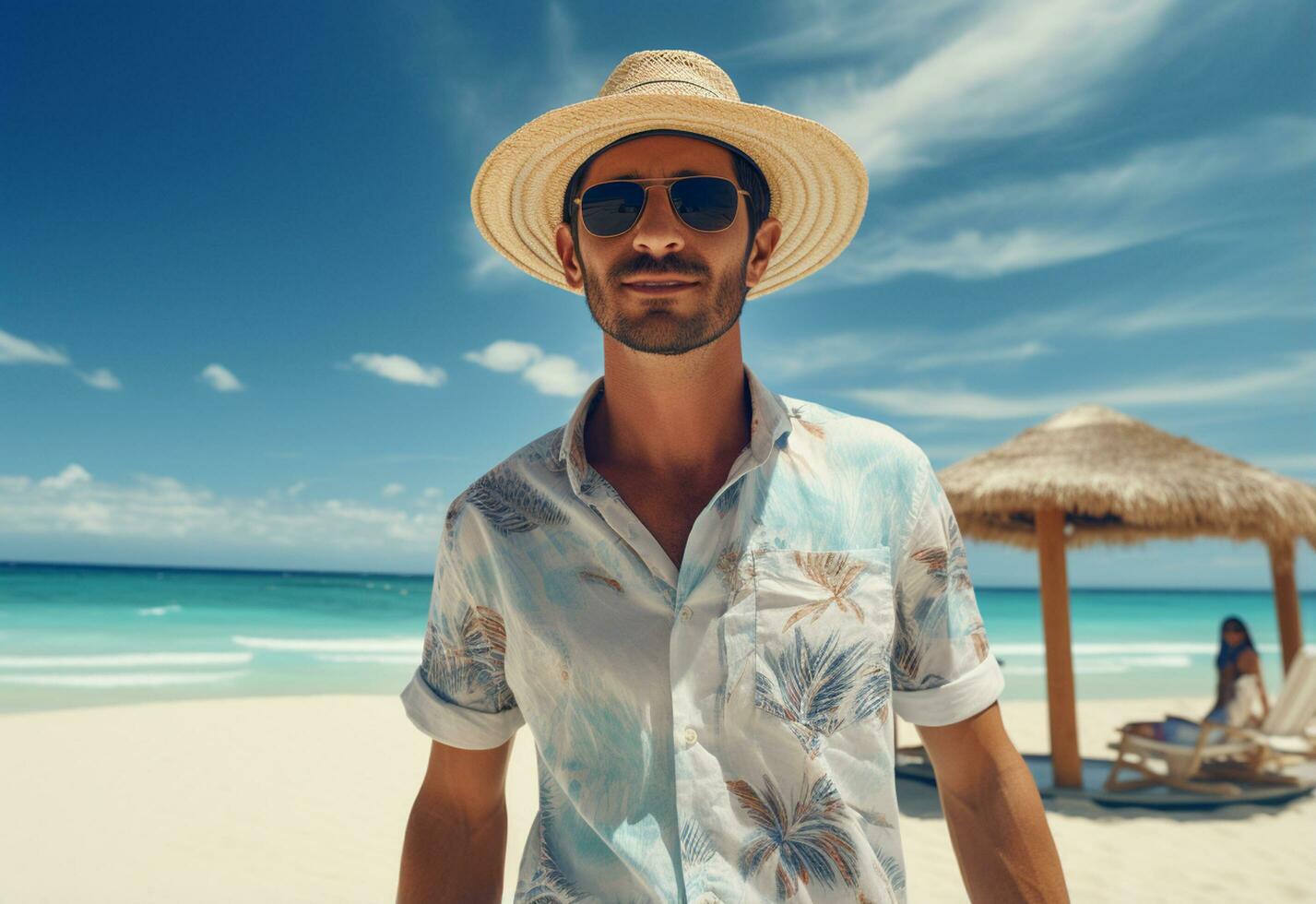 Ai generative back view young tourist man in summer dress and hat standing on beautiful sandy beach. enjoying. photo