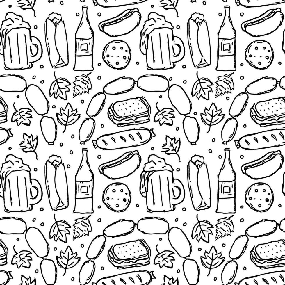Oktoberfest pattern. Doodle oktoberfest background with beer and meet. vector