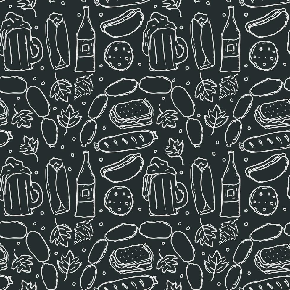 Oktoberfest pattern. Doodle oktoberfest background with beer and meet. vector