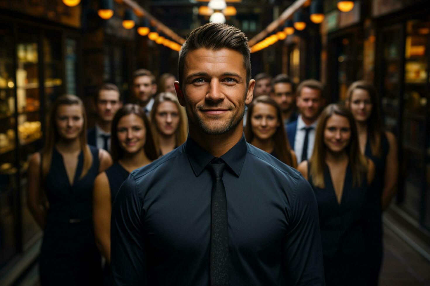 ai generativo grupo de contento negocio hombre y negocio mujer, vestido en trajes son sonriente, en el oficina foto