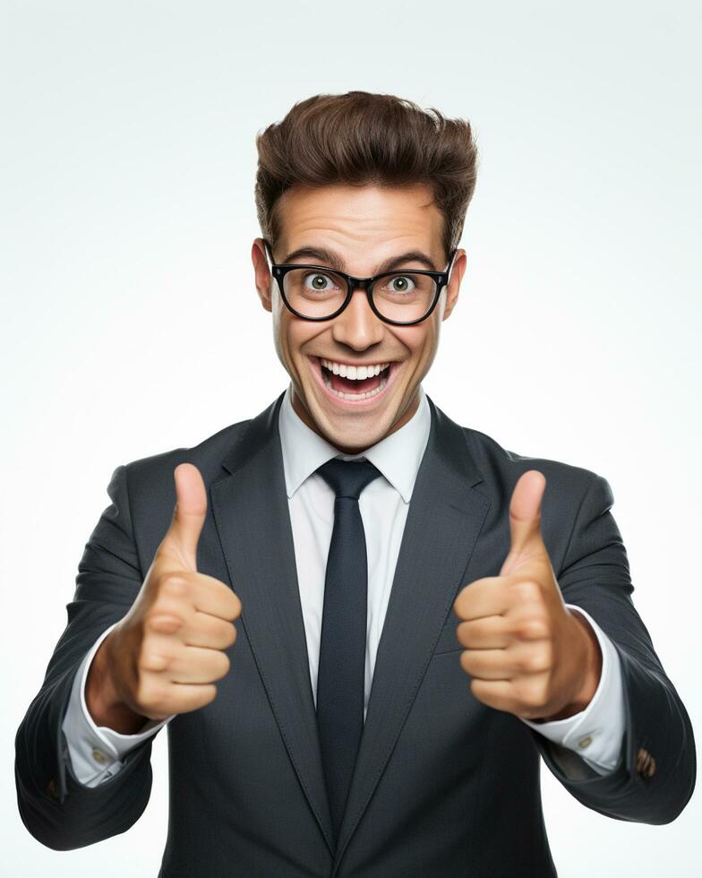 Ai generative photo business concept portrait of excited man dressed in formal wear giving thumbs up