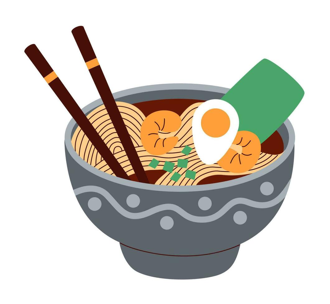 Bowl with ramen served with chopsticks. Japanese noodle soup with shrimps, egg and nori. Traditional Asian food. Flat vector illustration.