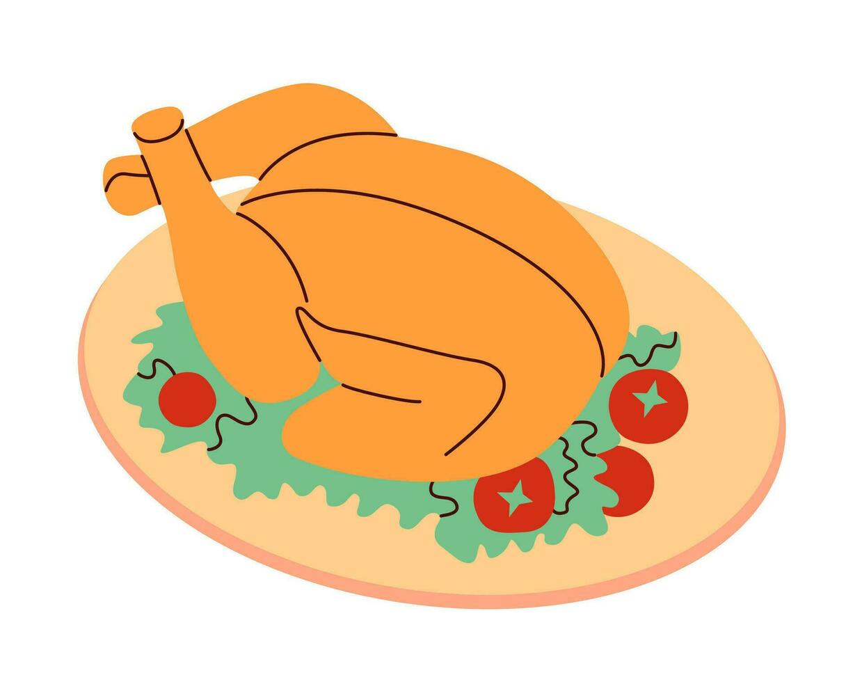 asado pavo, cocido cena plato. horneado A la parrilla todo pollo, festivo aves de corral, fiesta carne comida servido en lámina. plano vector ilustración.
