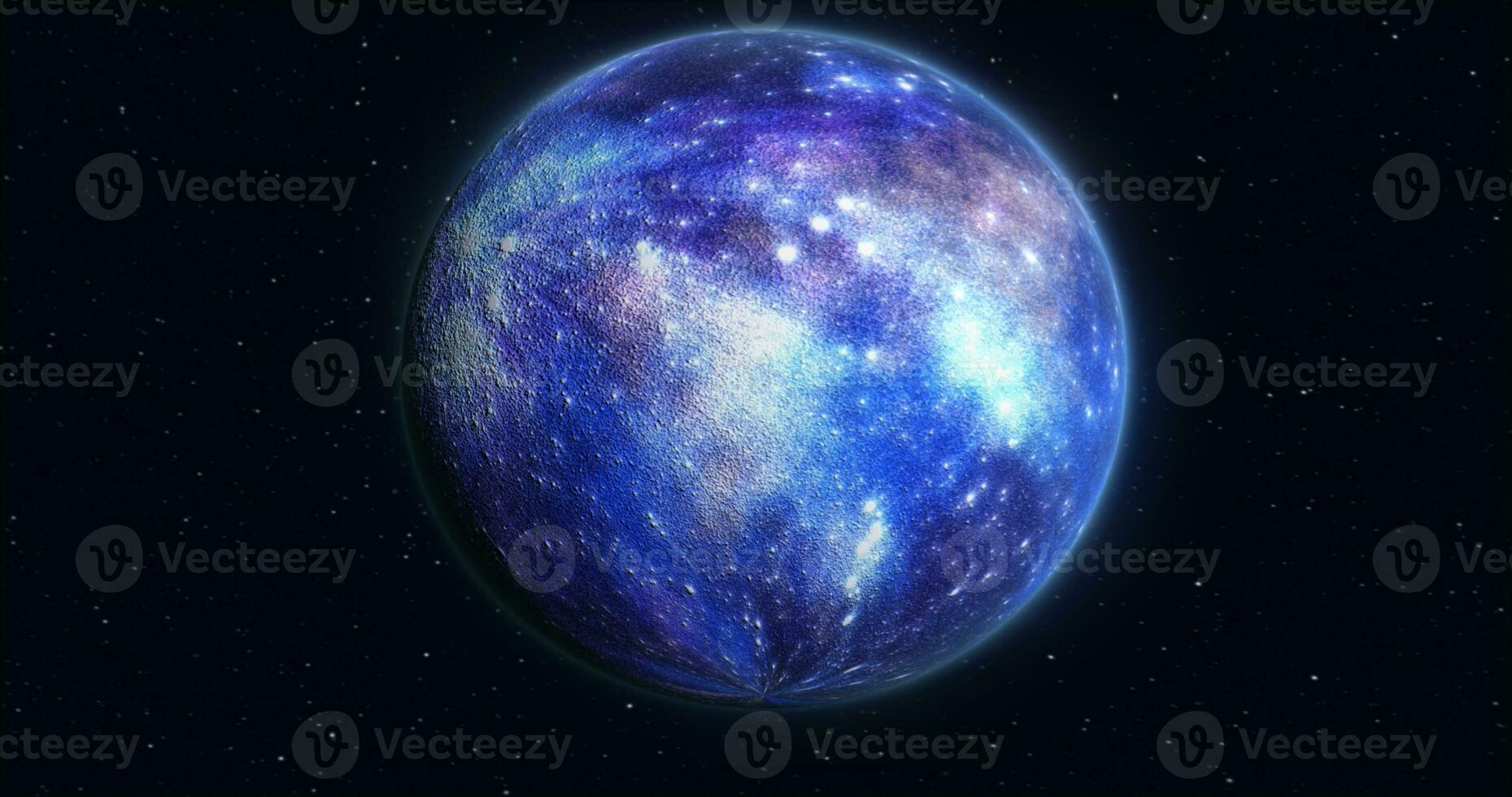 Abstract realistic space spinning planet round sphere with a blue water surface in space against the background of stars photo