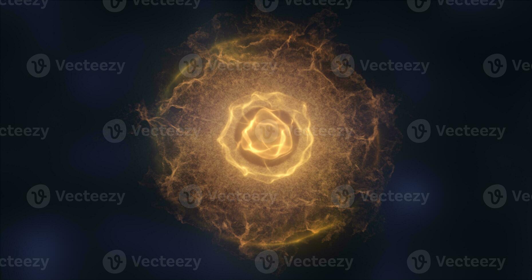 Abstract sphere atom with electrons flying glowing yellow bright particles and energy magic field, science futuristic hi-tech background photo