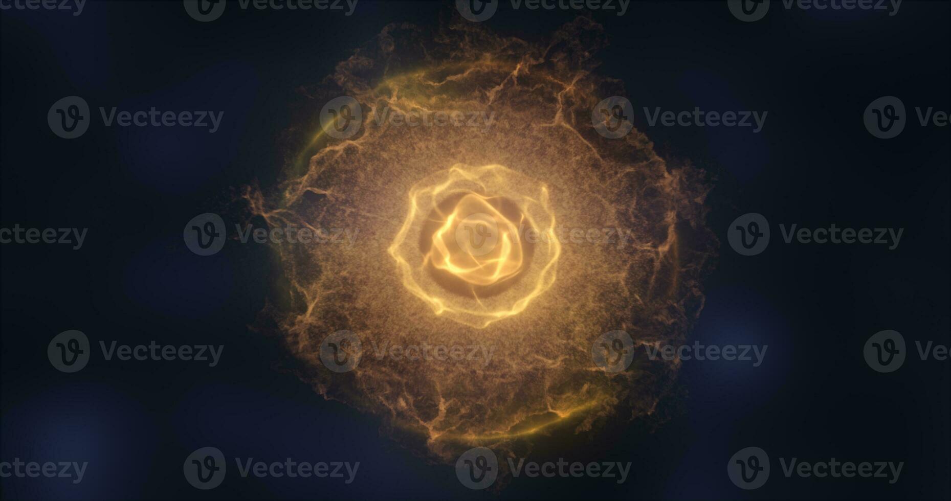 Abstract sphere atom with electrons flying glowing yellow bright particles and energy magic field, science futuristic hi-tech background photo