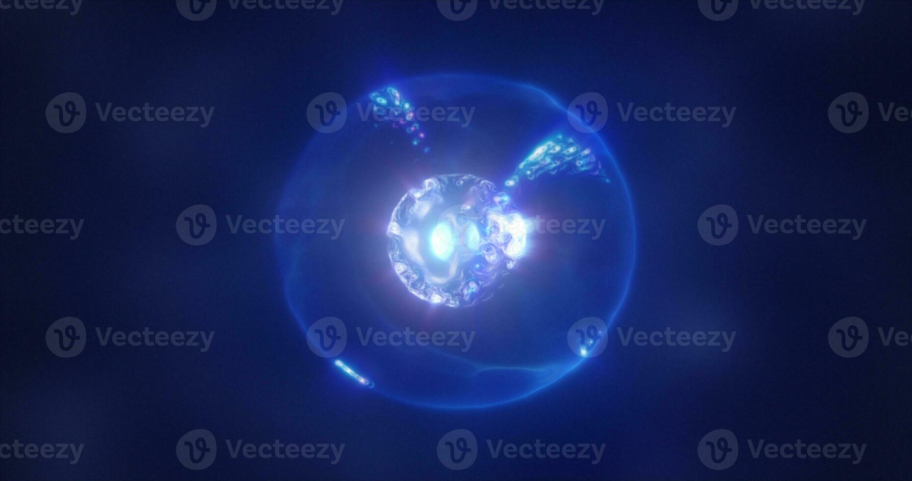 Abstract blue energy sphere with flying glowing bright particles, science futuristic atom with electrons hi-tech background photo