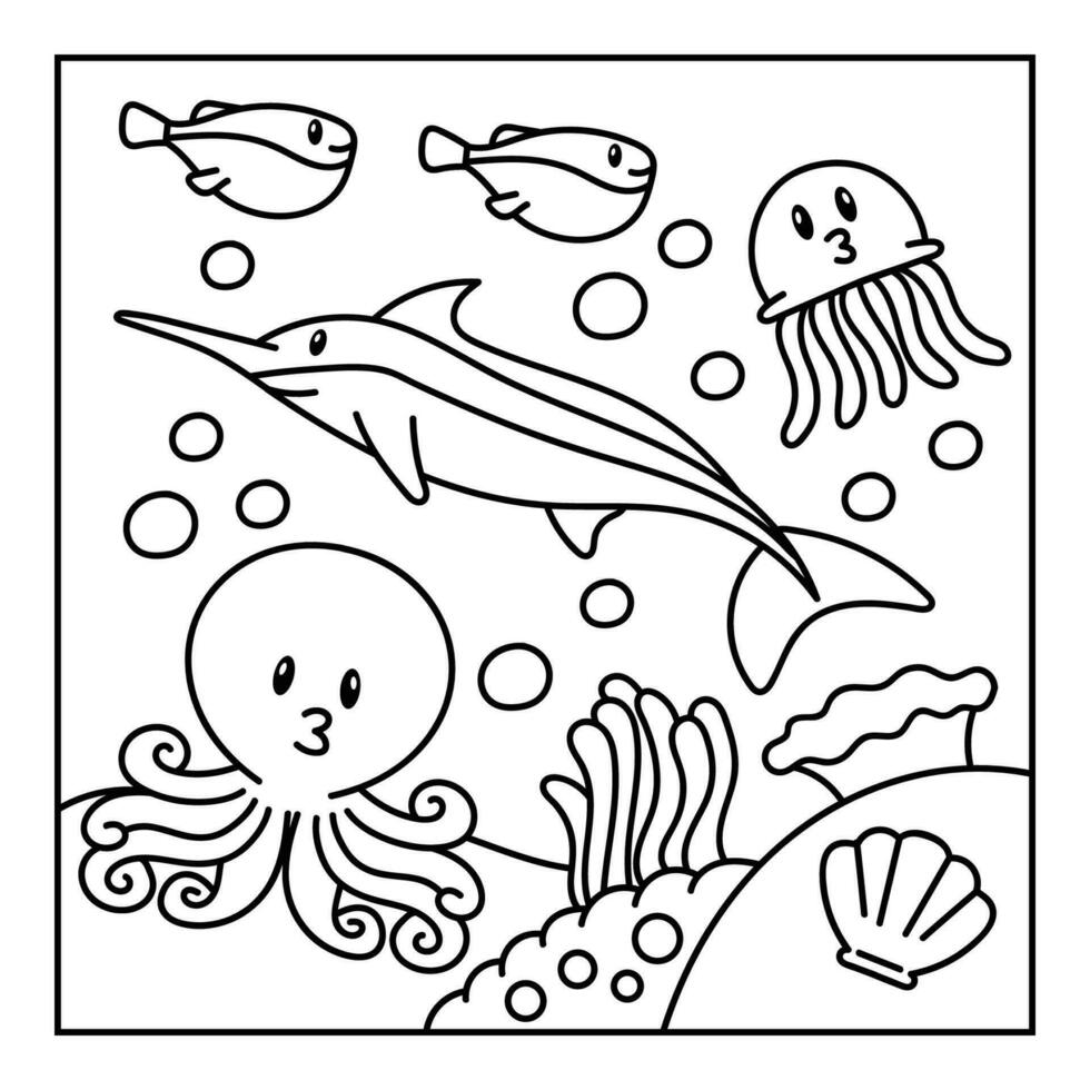 Hand drawn Coloring Book Under the Sea Animal Illustration vector