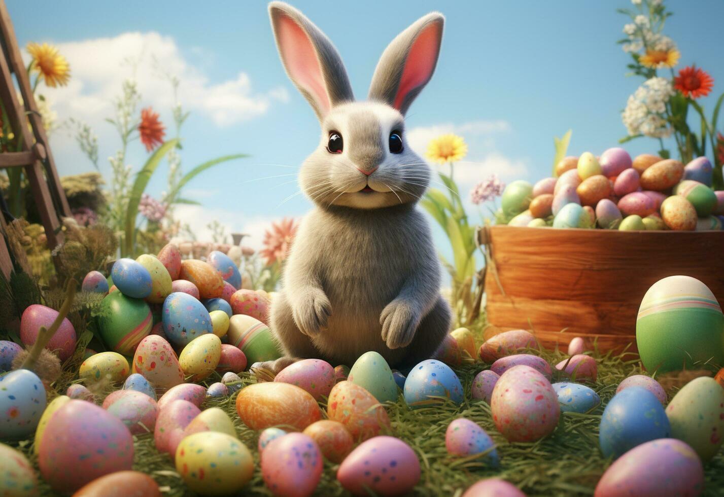 Ai generative photo happy bunny with many easter eggs on grass festive background for decorative design