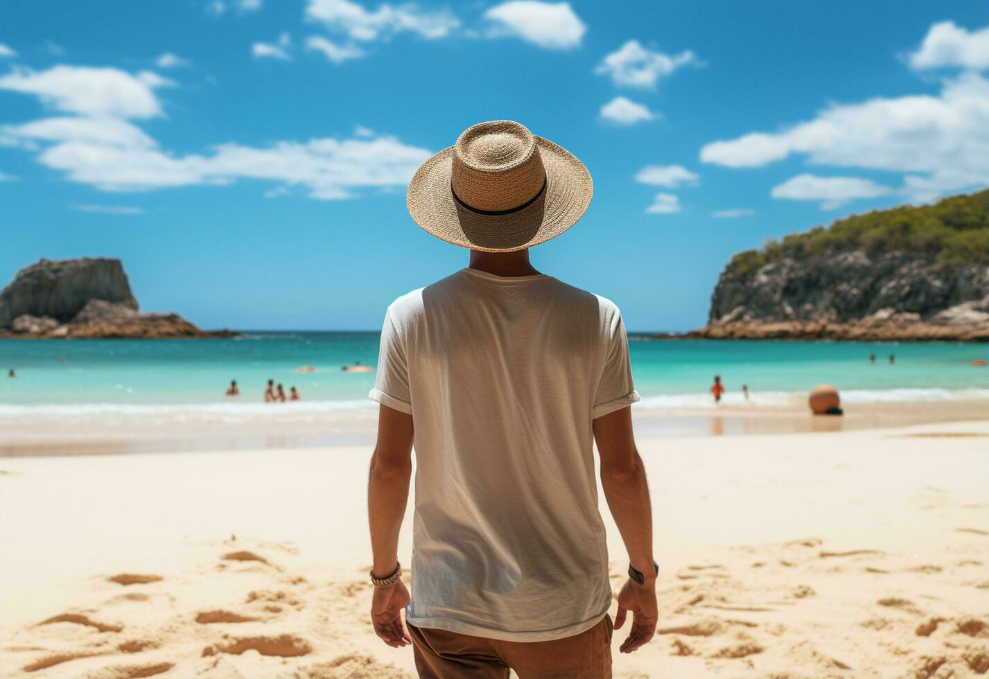 Ai generative back view young tourist man in summer dress and hat standing on beautiful sandy beach. enjoying. photo