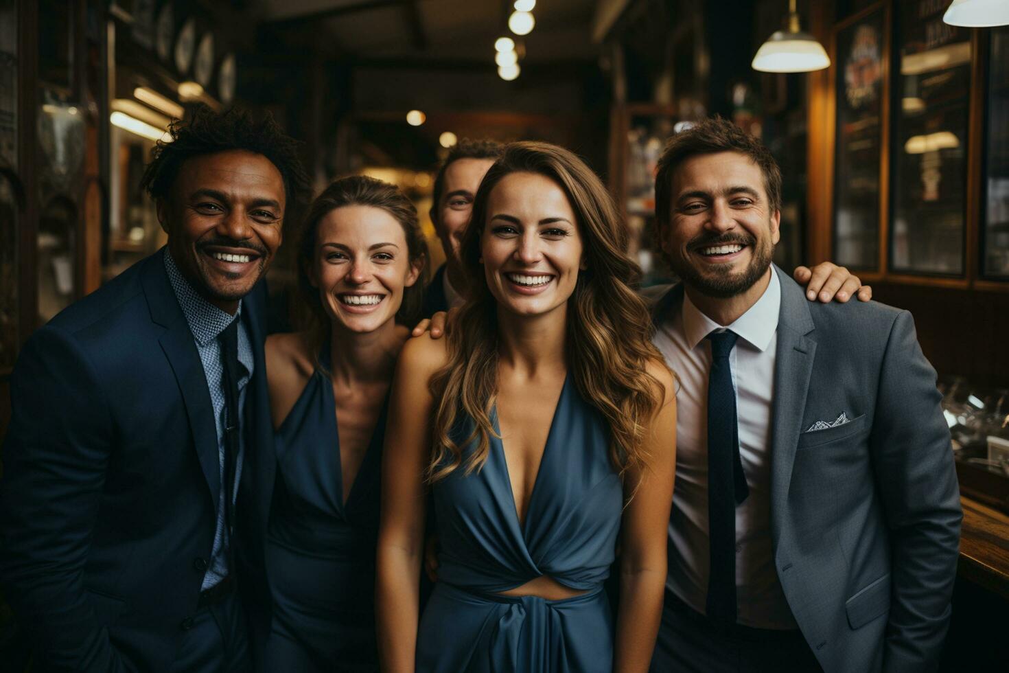 ai generativo grupo de contento negocio hombre y negocio mujer, vestido en trajes son sonriente, en el oficina foto