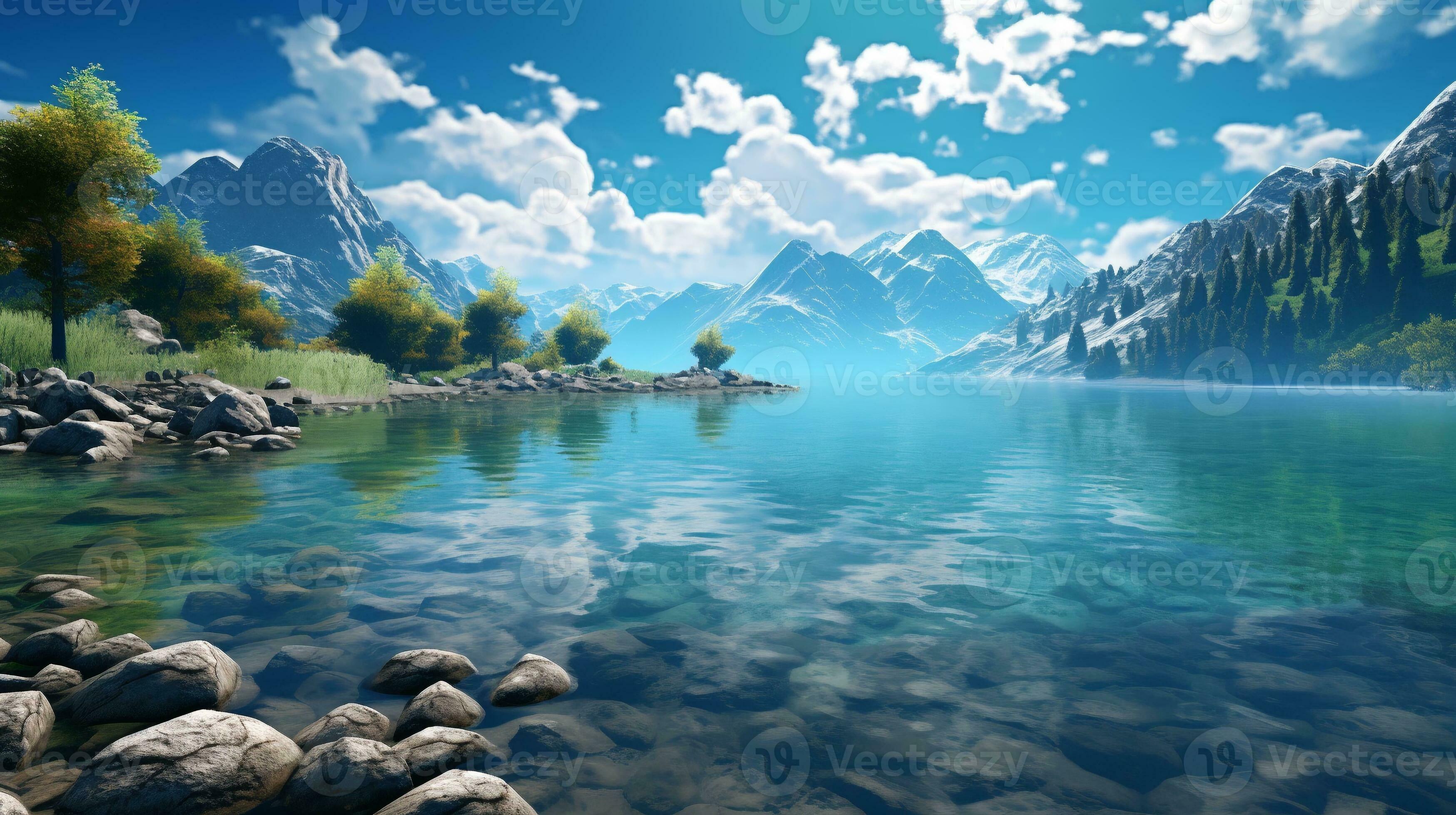 Captivating wide angle view of a serene, magical lake, an enchanting