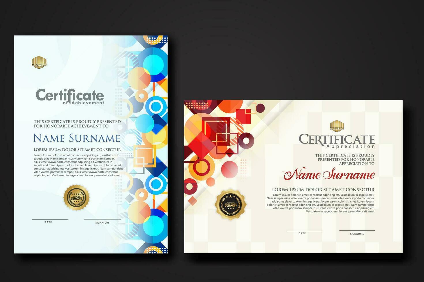 modern certificate template with dynamic color on geometric shape ornament vector