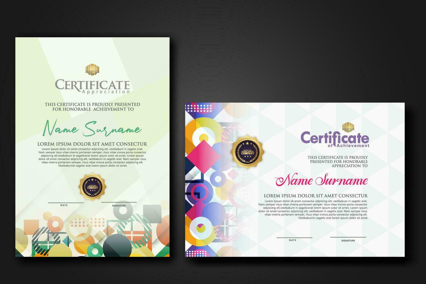 modern certificate template with dynamic color on geometric shape ornament vector