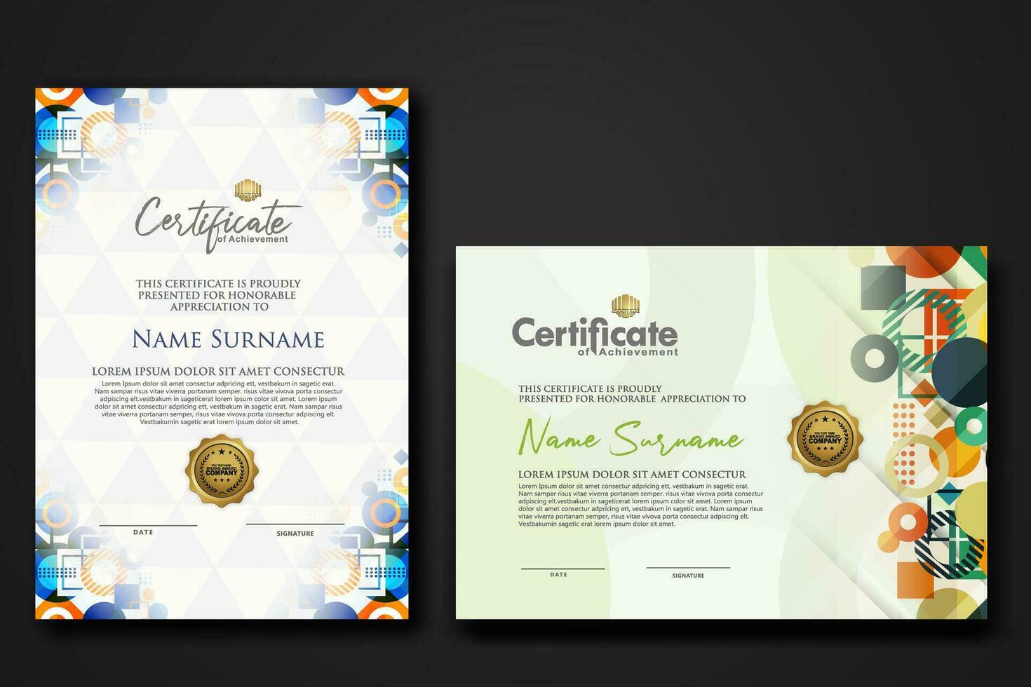 modern certificate template with dynamic color on geometric shape ornament vector