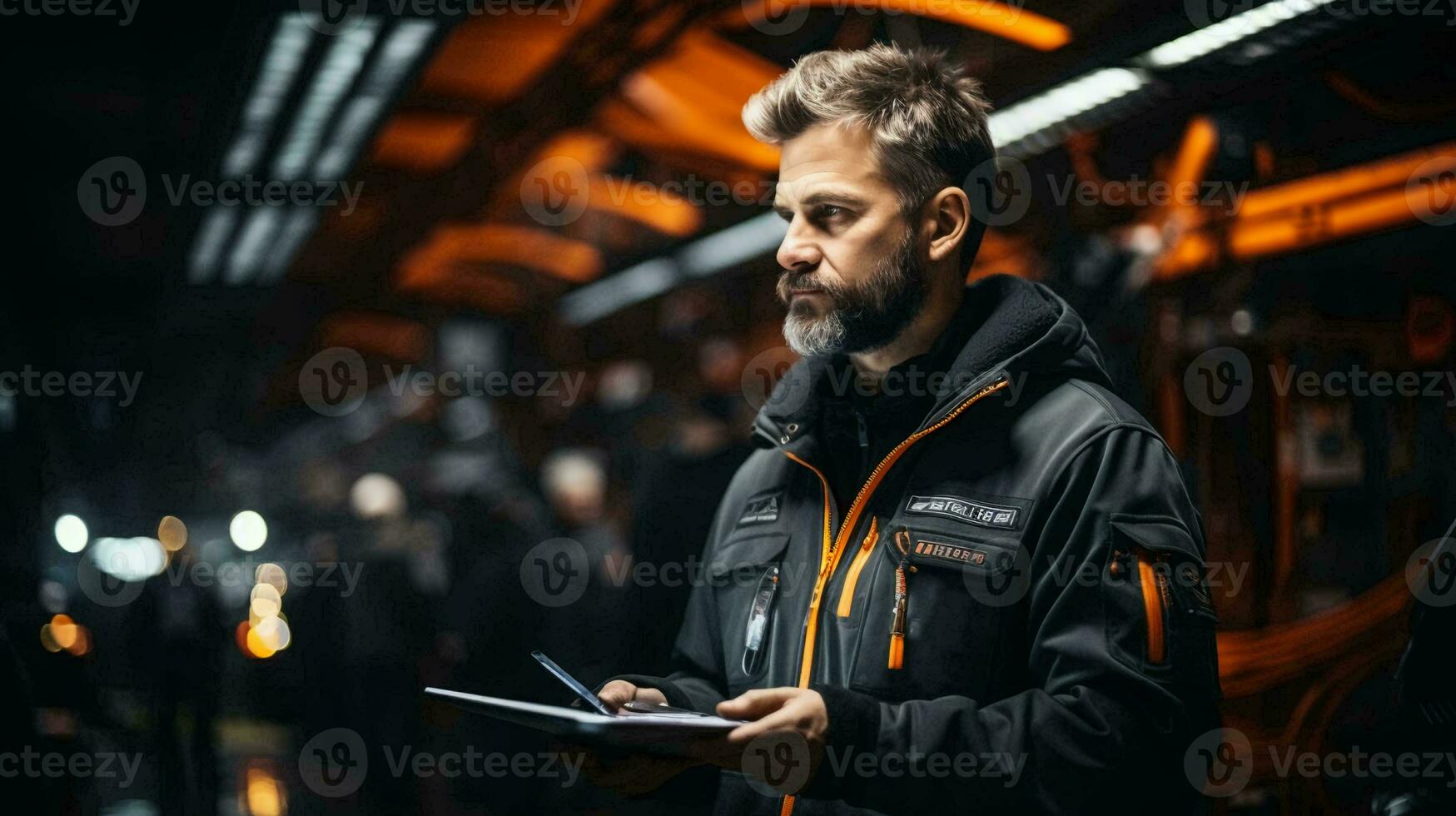 A male engineer works with a tablet in an industrial workshop. A worker diagnoses and checks equipment on a tablet photo