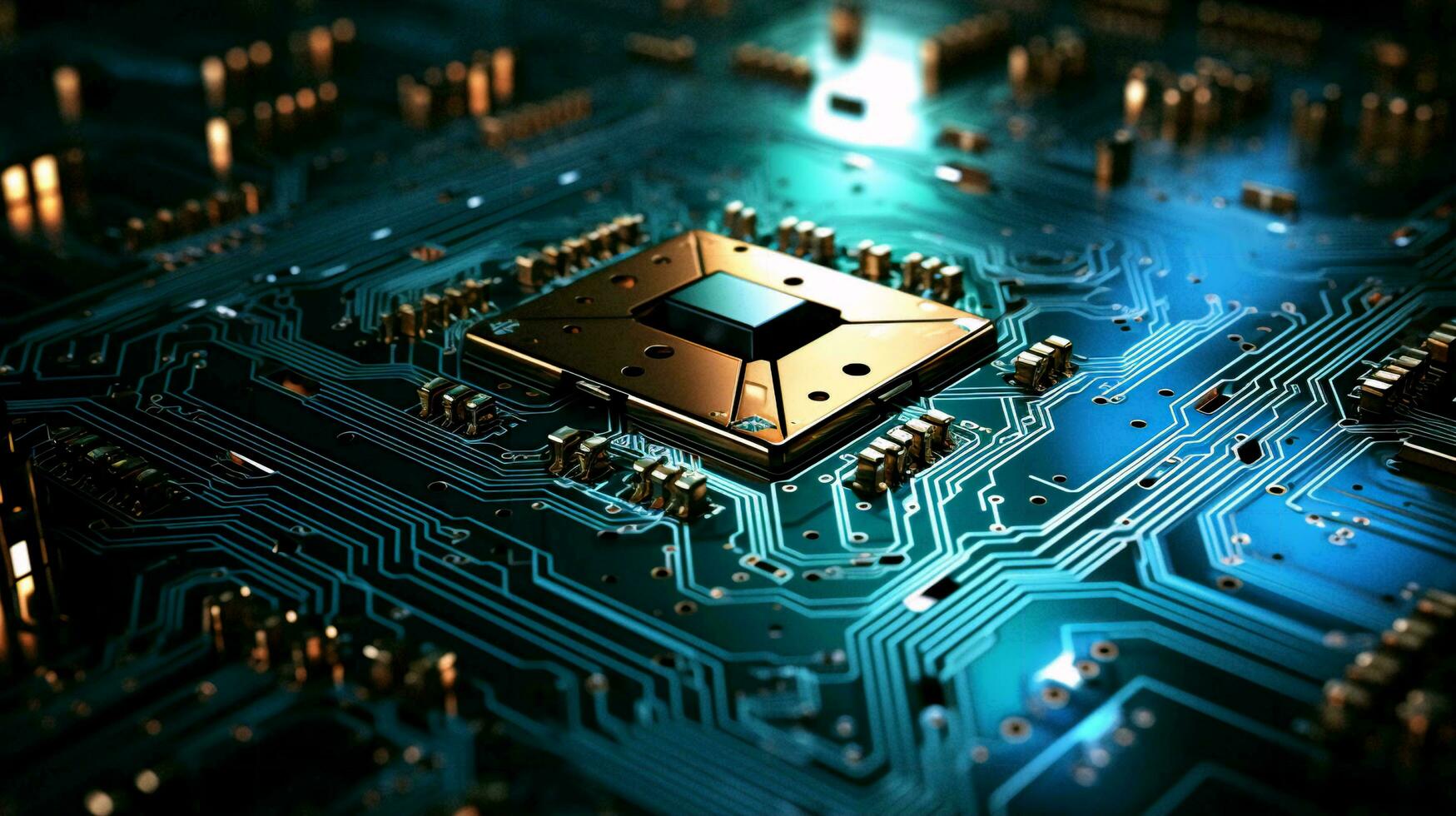 Computer electronic chip with processor, transistors, resistors and microchips. Abstract hi-tech background photo