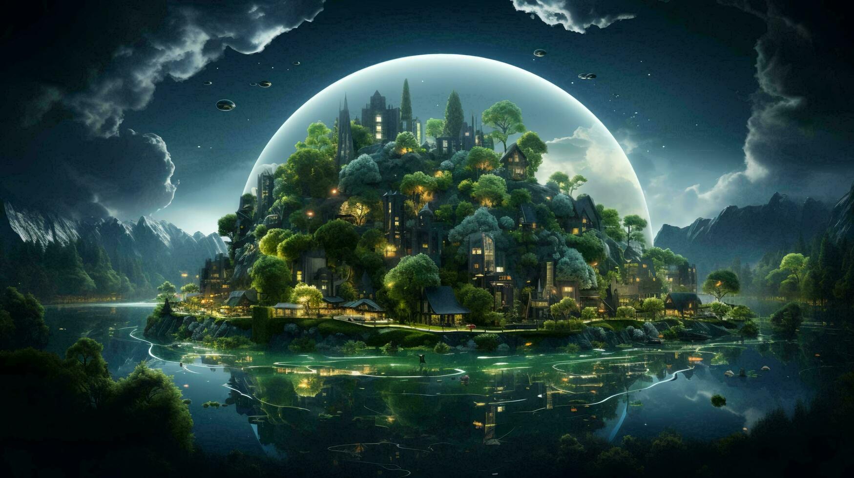 Glass dome with a city inside and green trees and plants. Concept of ecology and waste recycling and care for the environment photo