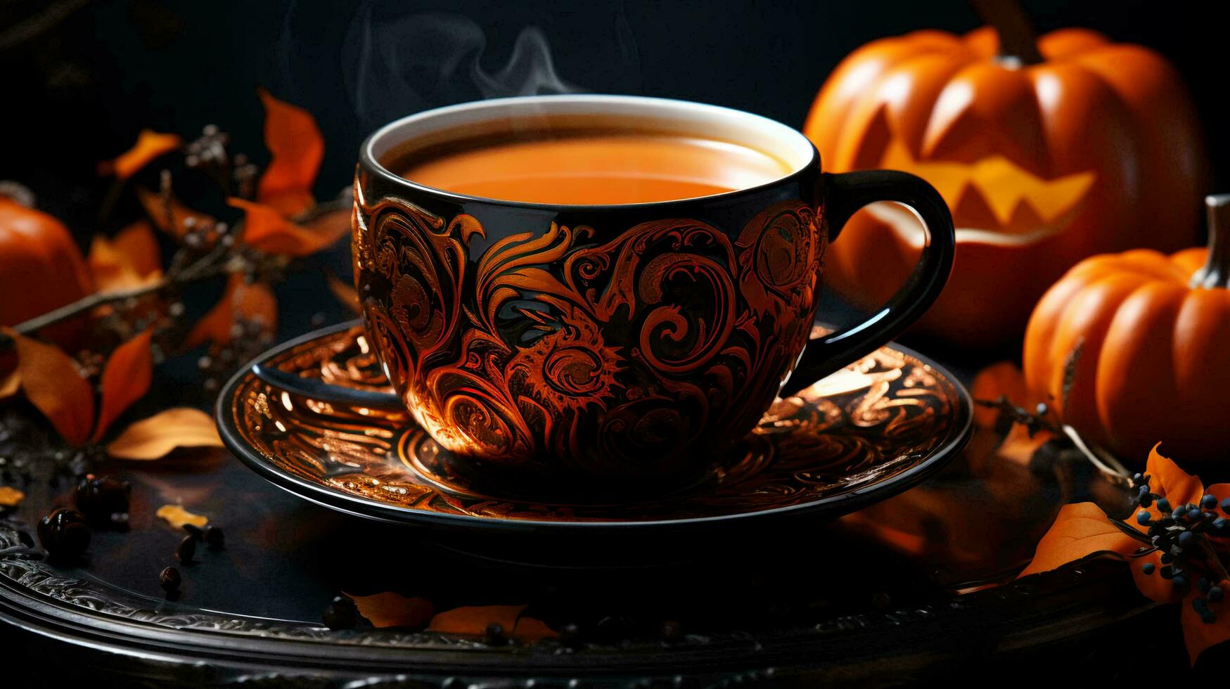 A mug of hot coffee or tea with pumpkins with scary faces for Halloween photo