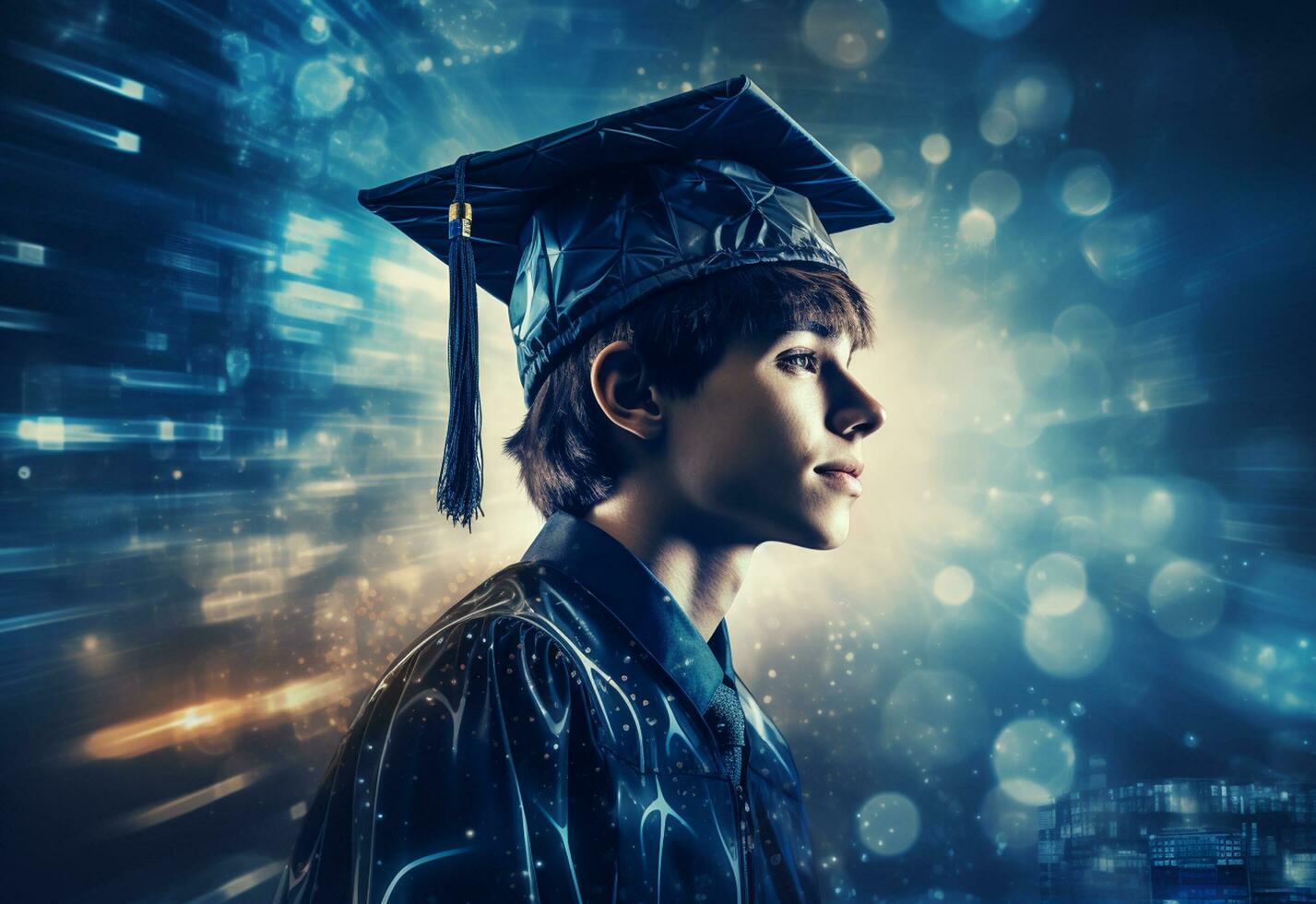 Ai Generative Double exposure photo of Young man with graduation cap technology background realistic image