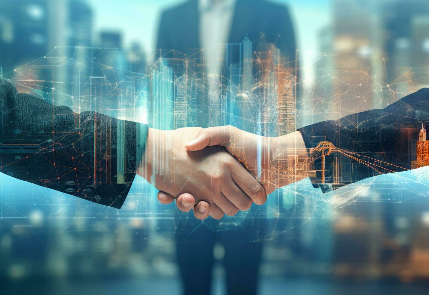 Ai generative photo american business male people shaking hands skyscrapers in the background
