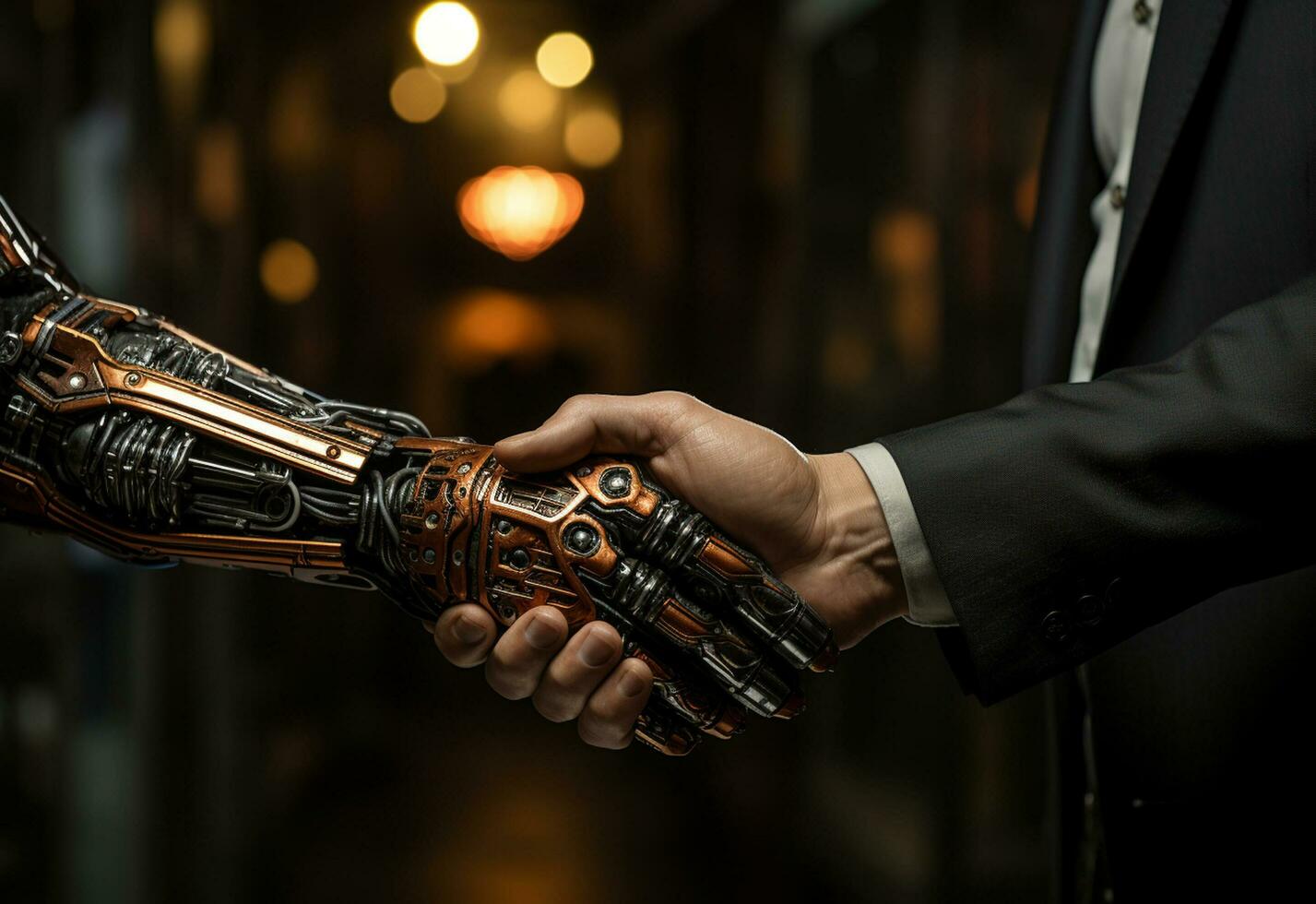 Ai generative handshaking, one human male hand, one robot hand in an office background photo