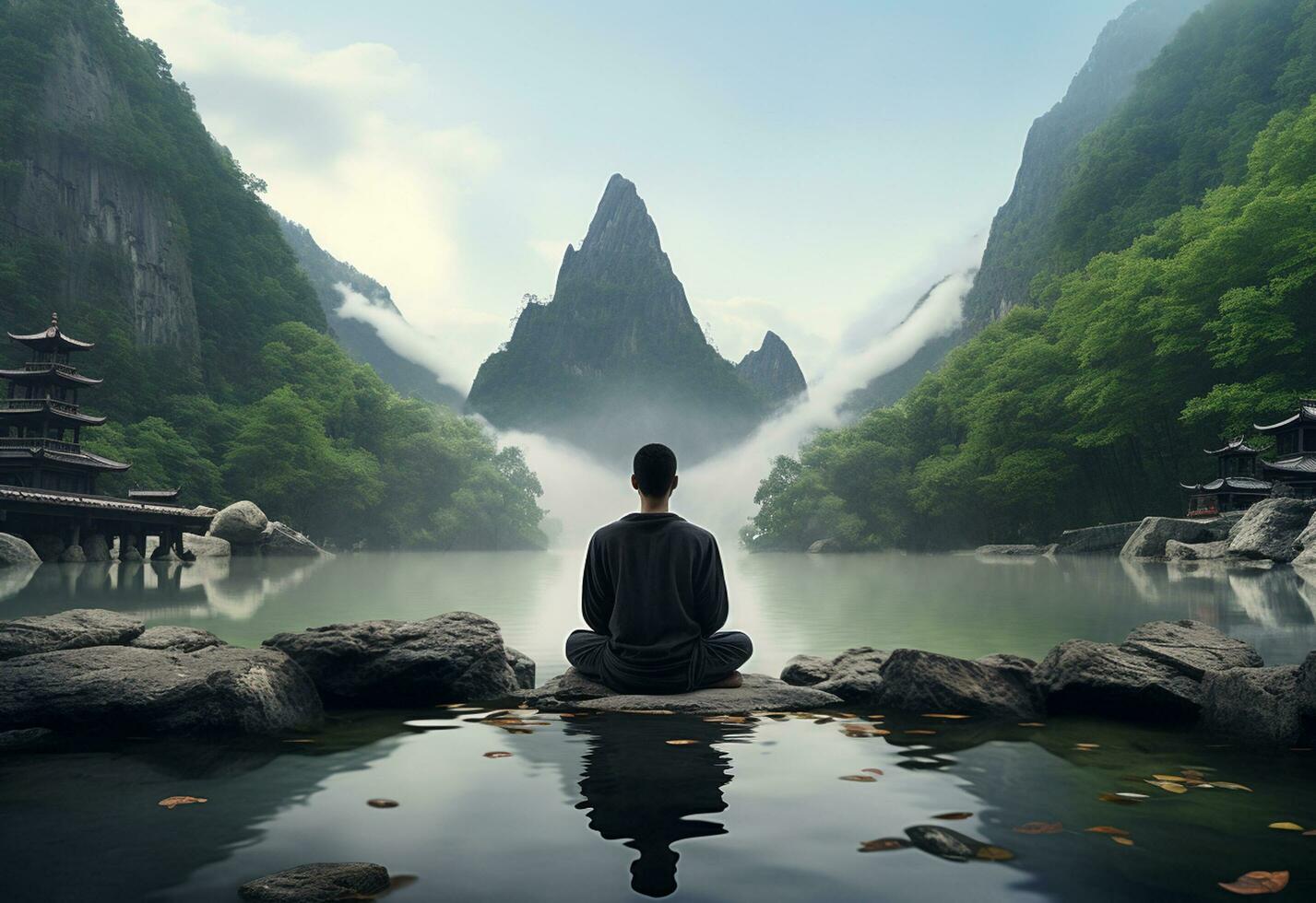 ai generative photo of a man practicing mindfulness and meditation in a peaceful natural environment sony A7s realistic image, ultra hd, high design very detailed