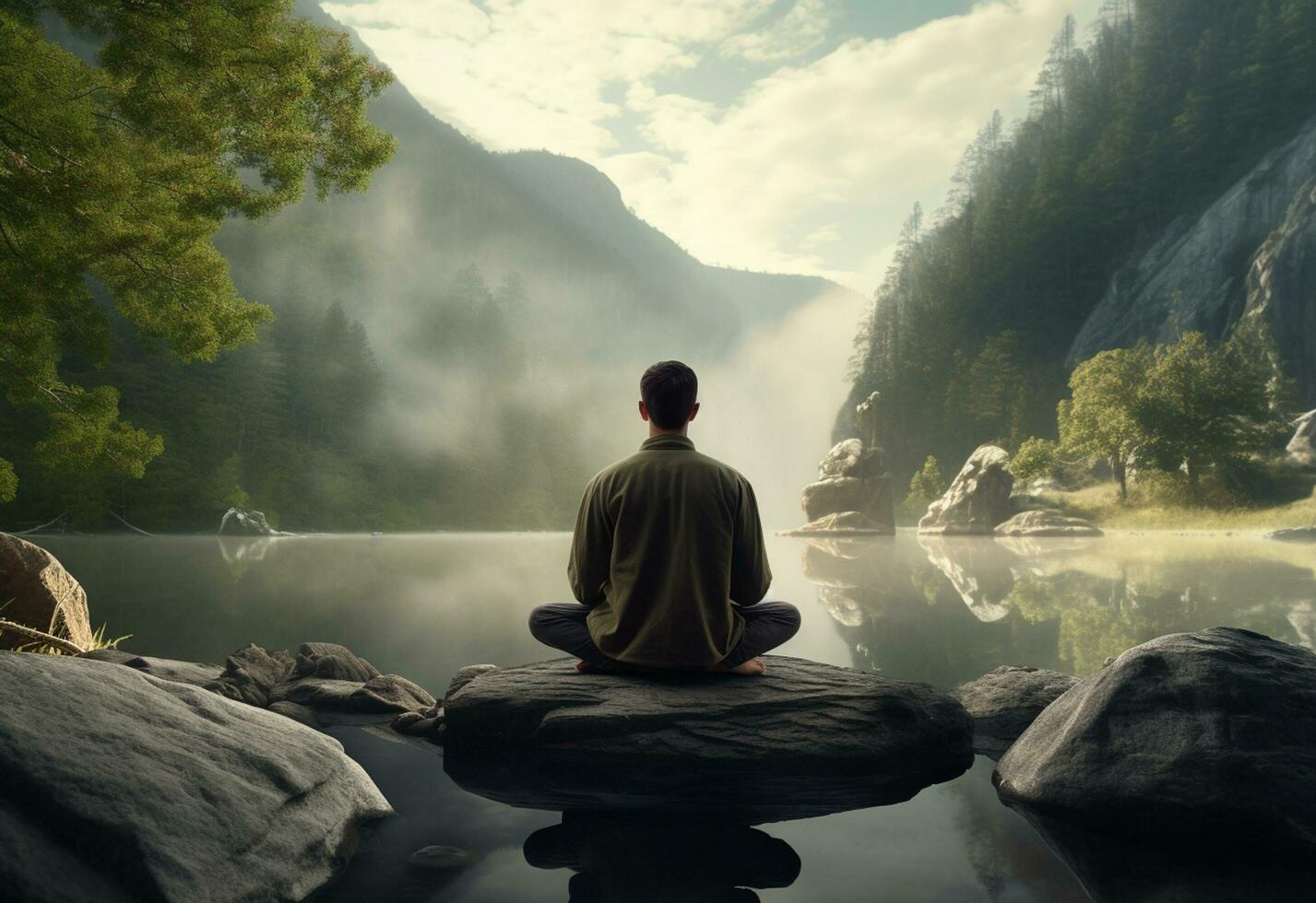 ai generative photo of a man practicing mindfulness and meditation in a peaceful natural environment sony A7s realistic image, ultra hd, high design very detailed