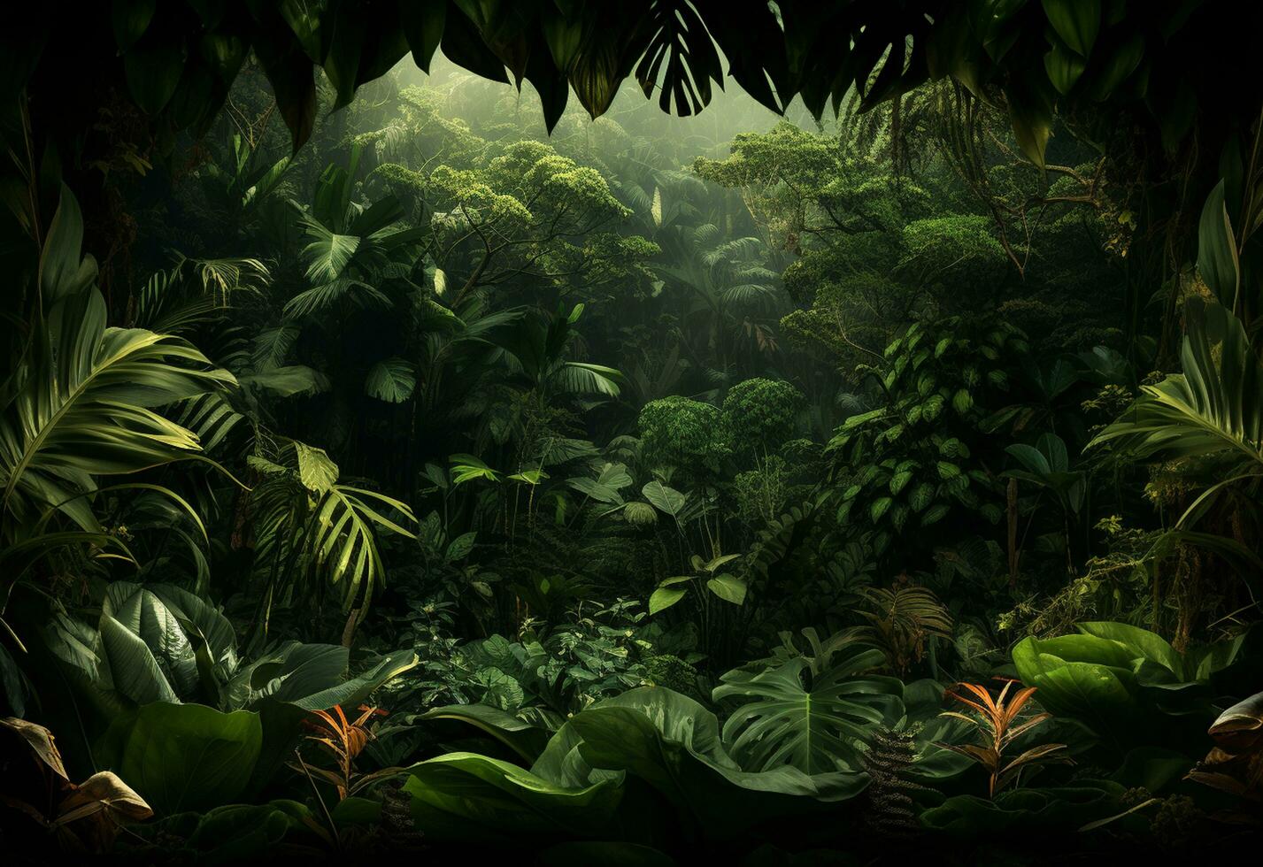 Beautiful jungle background with border made of tropical leaves backdrop with copy space photo