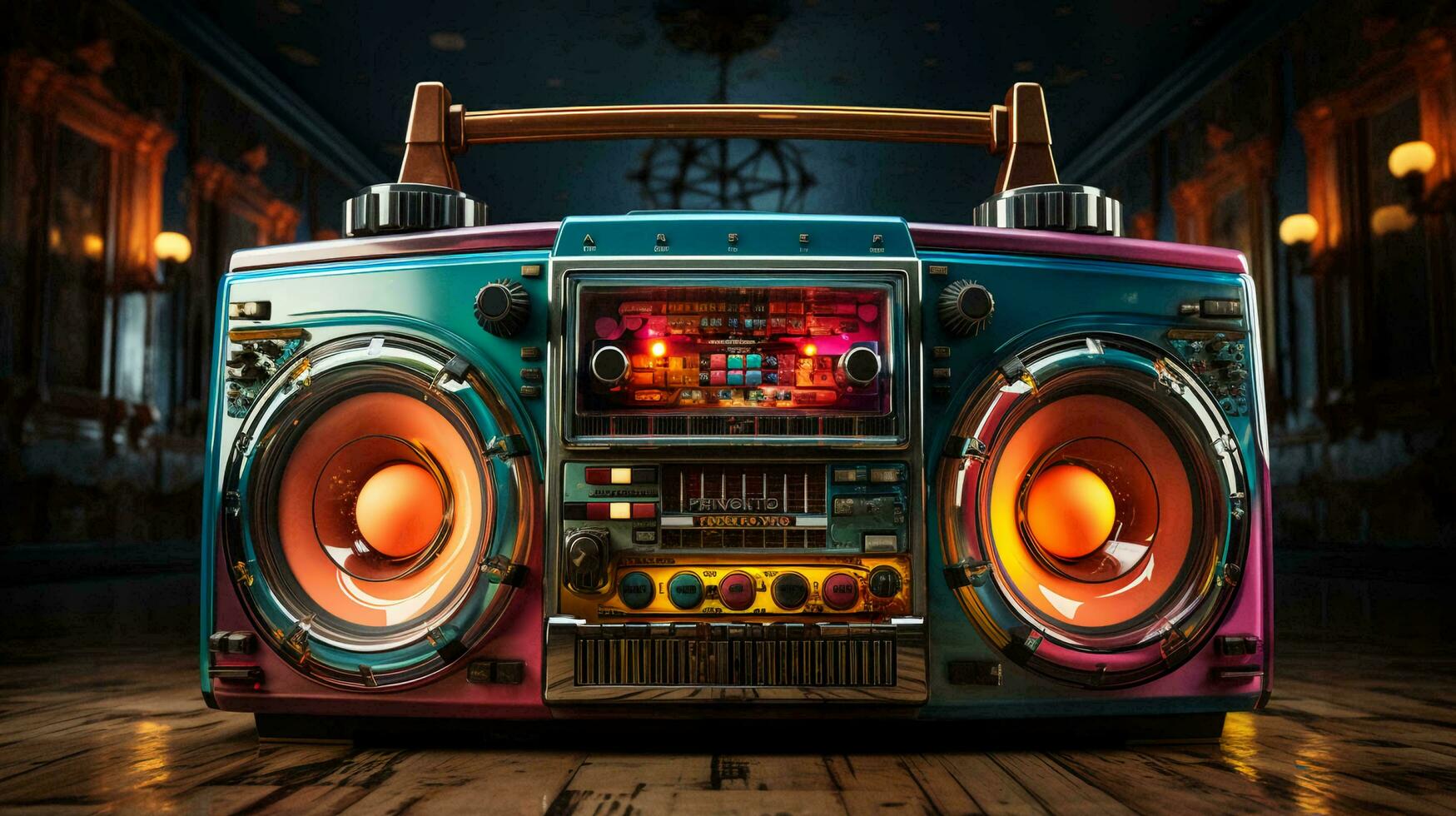 Old stylish vintage audio retro music cassette tape recorder poster from the 80s 90s photo