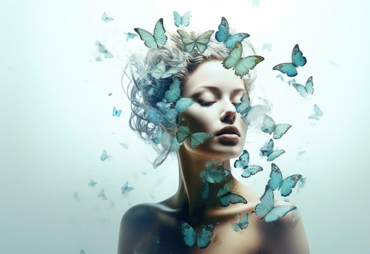 Ai Generative Surreal double exposure image of woman and butterflies. Great for ads, book covers, posters and more realistic image, ultra hd, high design very detailed photo
