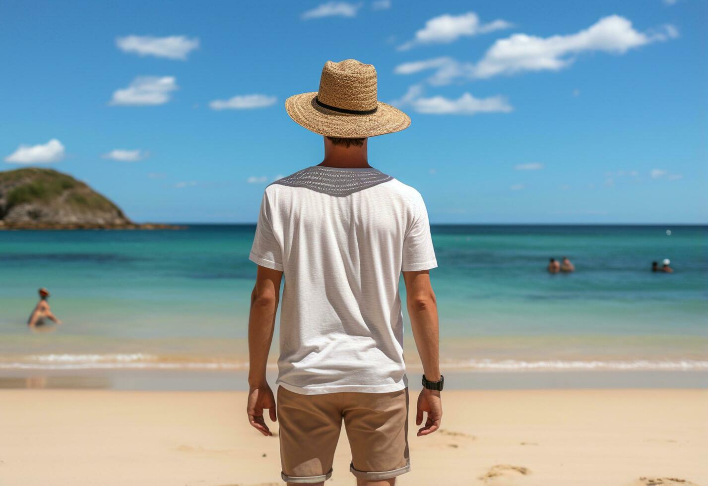 Ai generative back view young tourist man in summer dress and hat standing on beautiful sandy beach. enjoying. photo