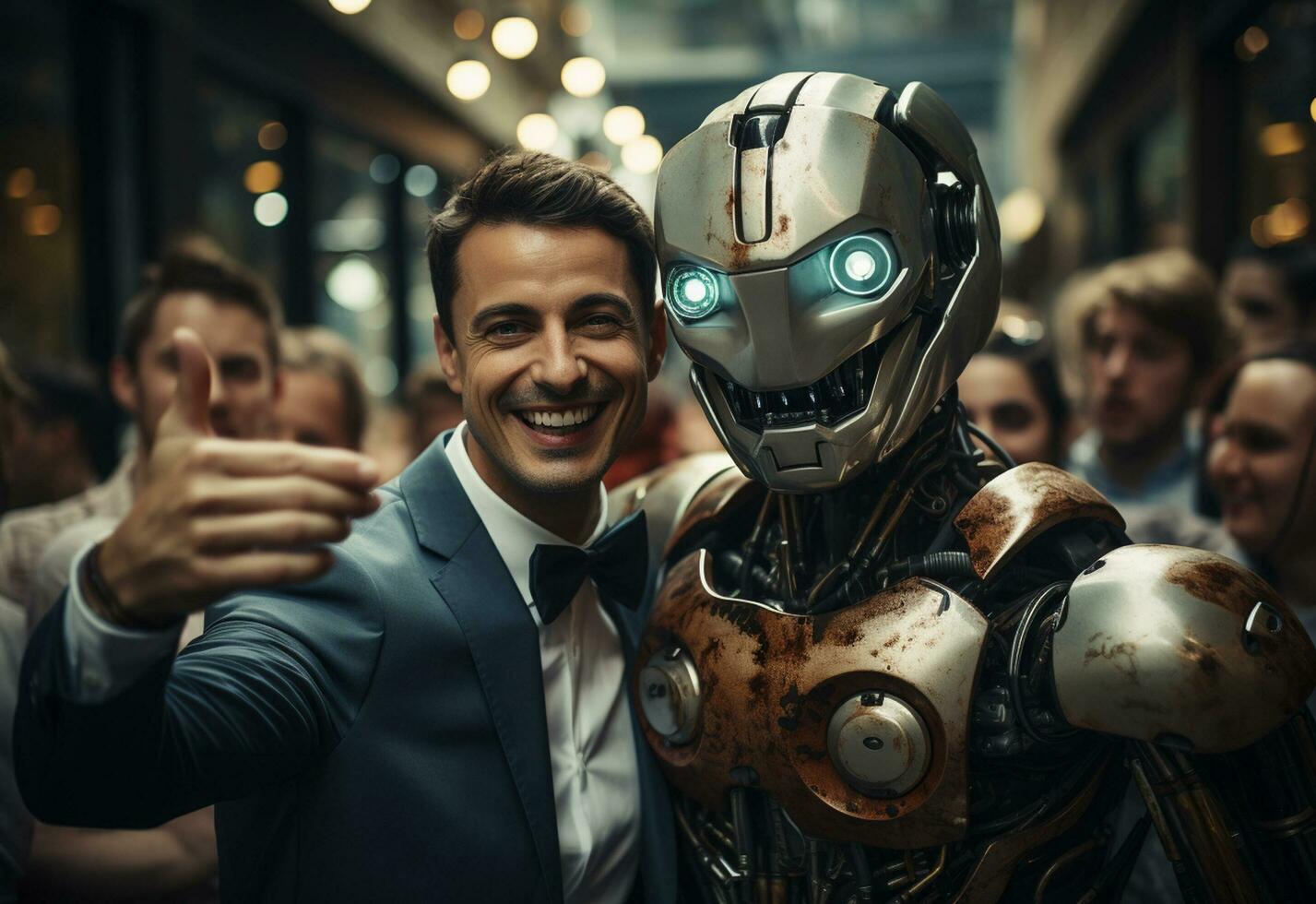 a man in a suit and tie standing next to a robot photo