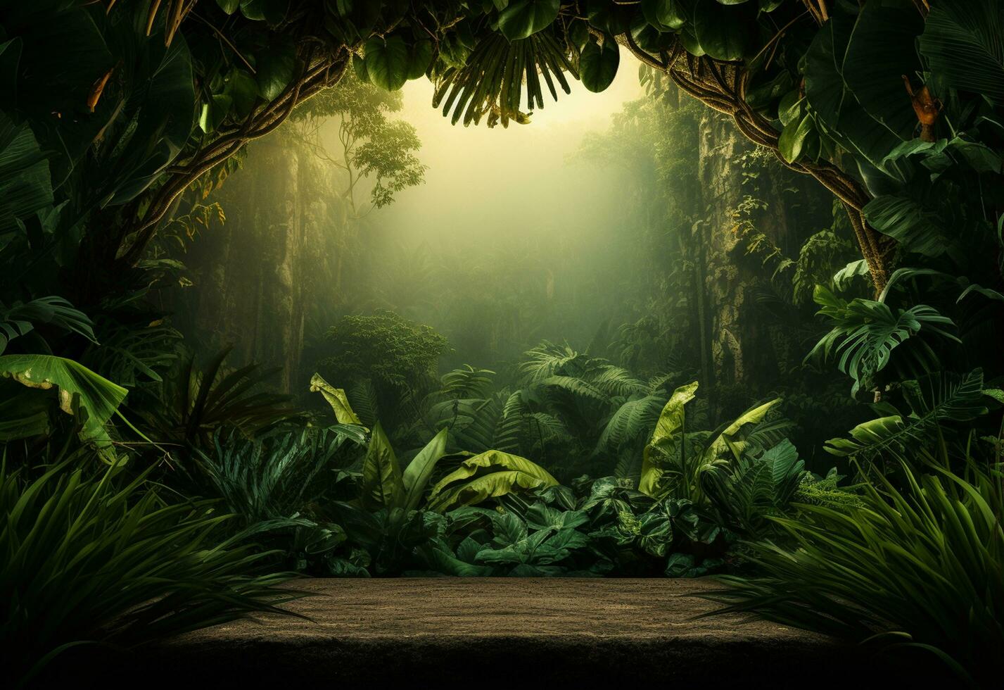 Ai Generative Beautiful jungle background with border made of tropical leaves backdrop with copy space photo