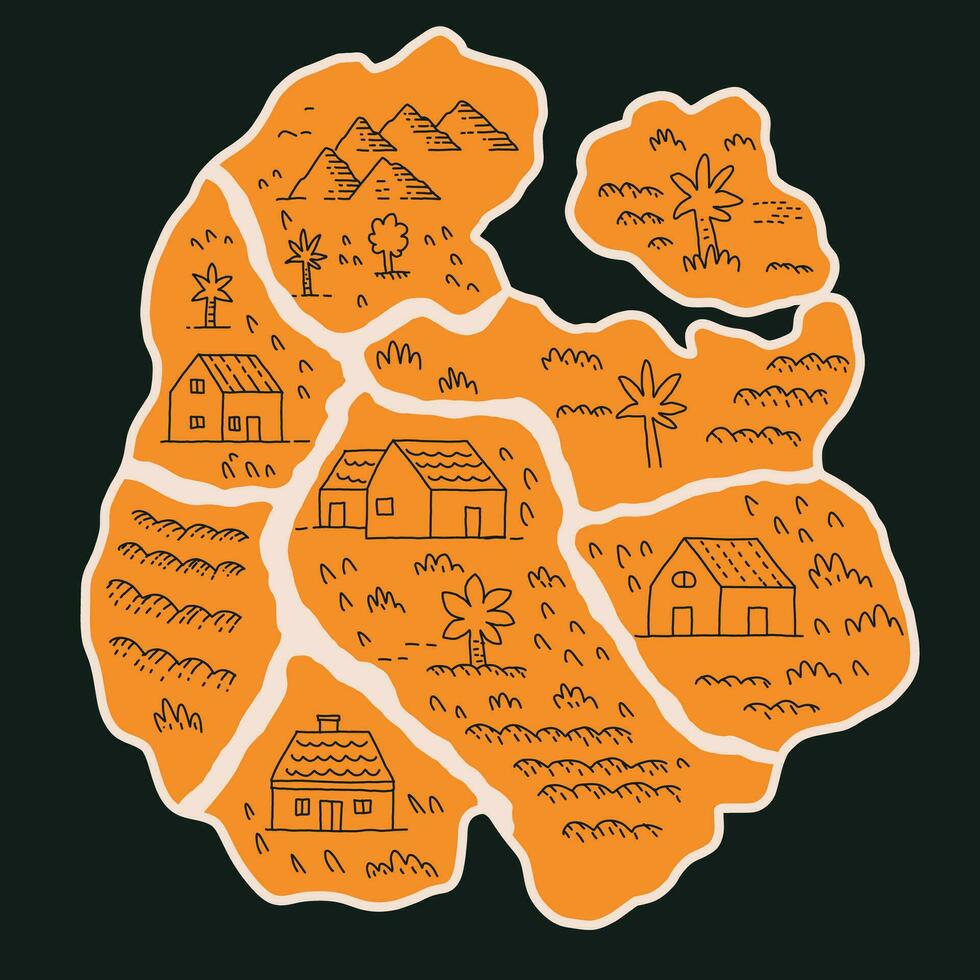 Hand drawn fantasy map, Village in the island vector