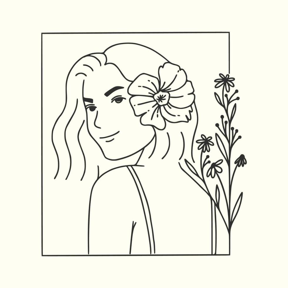 Aesthetic Woman Floral with Frame Line Art vector