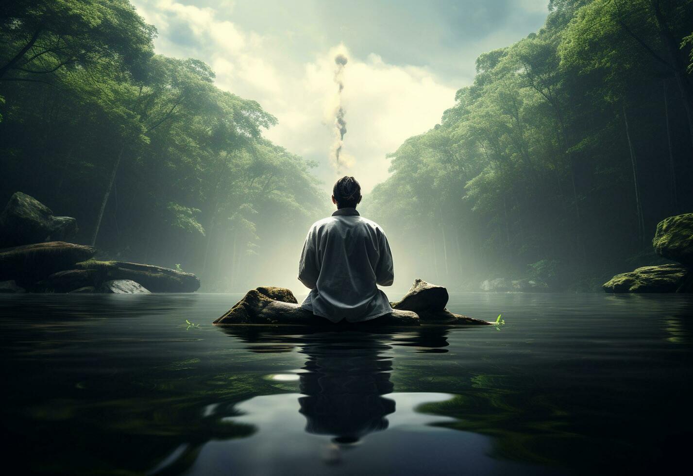 ai generative photo of a man practicing mindfulness and meditation in a peaceful natural environment sony A7s realistic image, ultra hd, high design very detailed