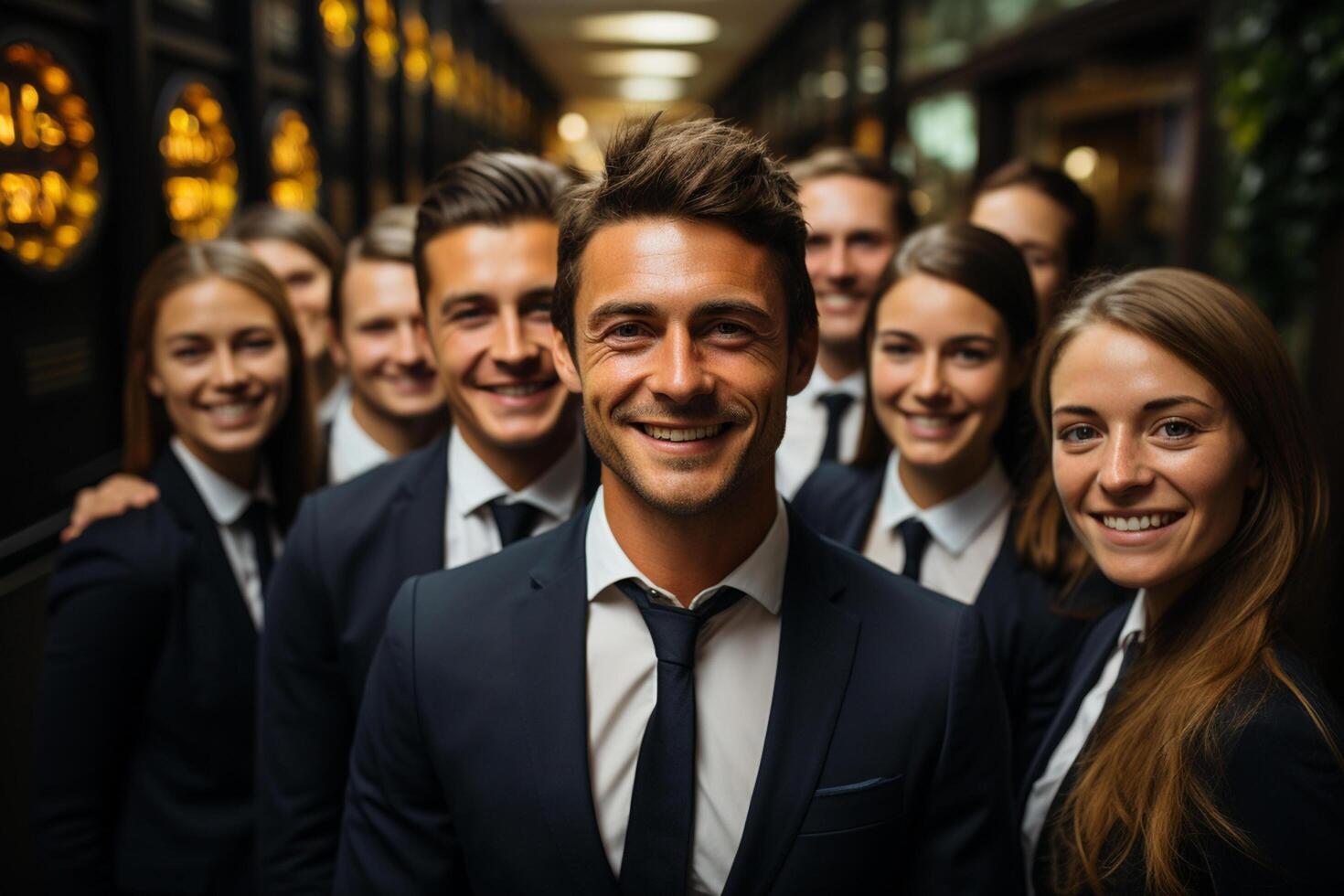 Ai Generative group of happy business man and business women, dressed in suits are smiling, in the office photo