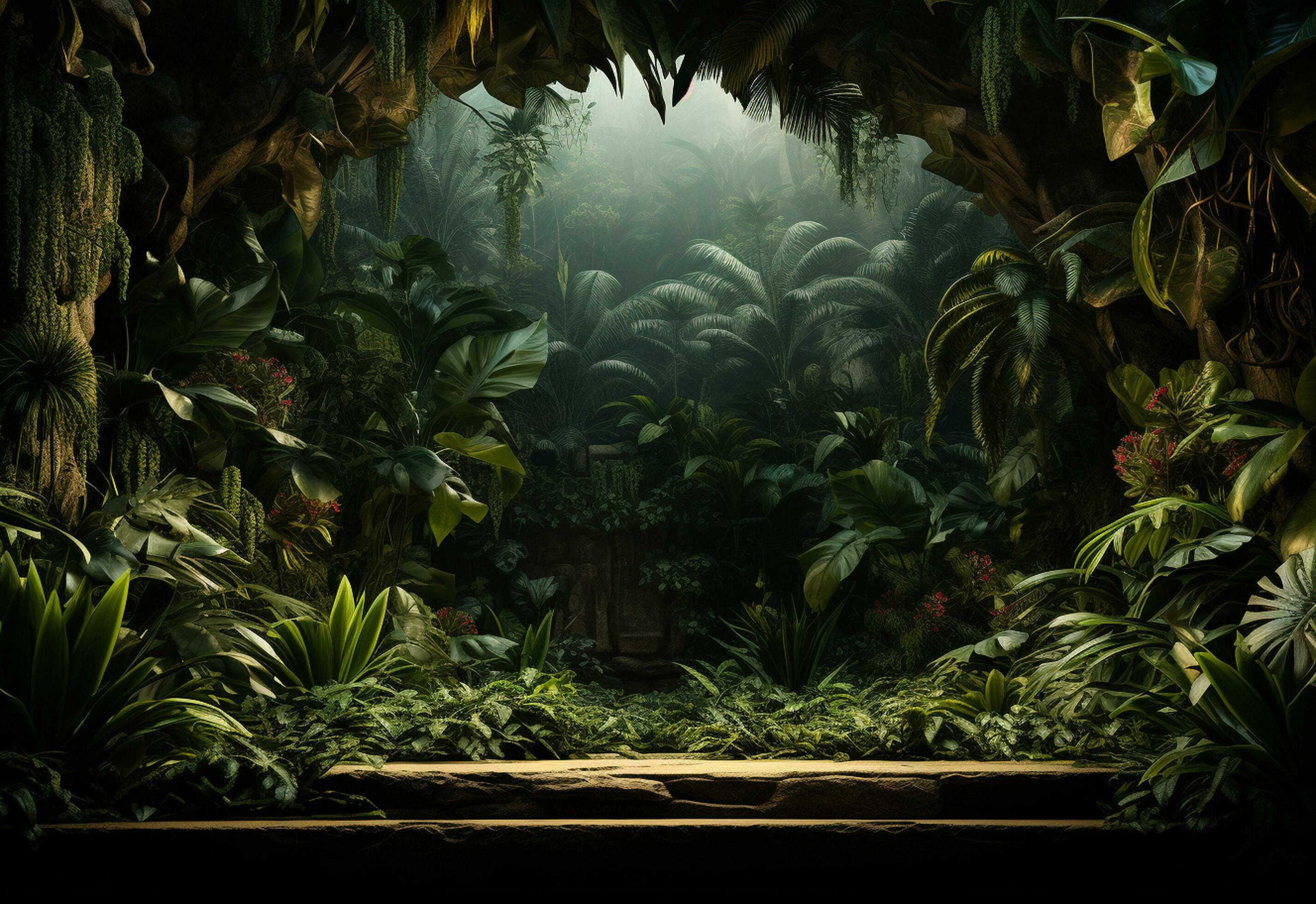 Beautiful jungle background with border made of tropical leaves