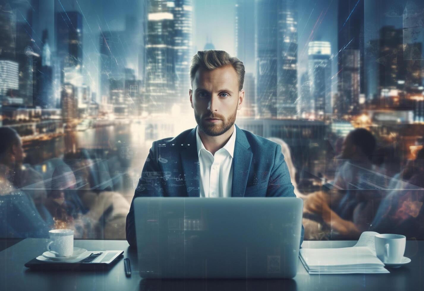Ai generative double exposure photo of a business man using laptop on his desk front view office background realistic image, ultra hd, high design very detailed