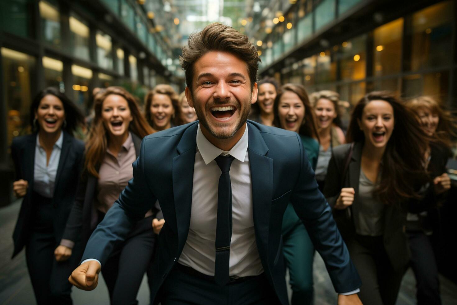 Ai Generative group of happy business man and business women, dressed in suits are smiling, in the office photo