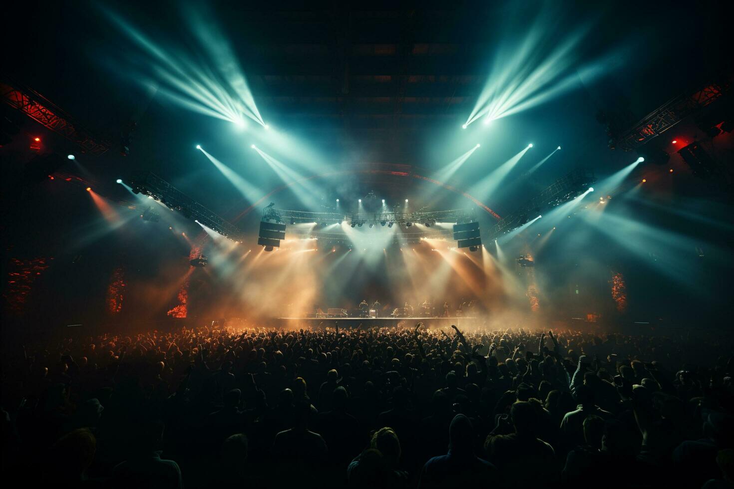 Ai generative Crowded Concert Stage Scenery With Spotlights and Colored Lights realistic image, ultra hd photo