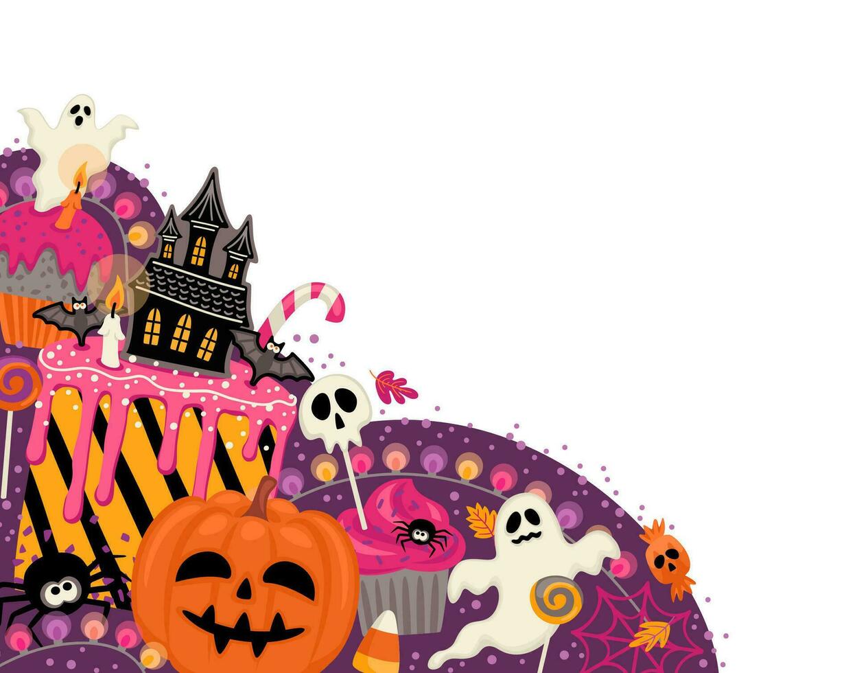 Halloween illustration. Decorated cupcakes, muffins, pastries, sweets candies. Vector template for banner, card, poster, web and other use