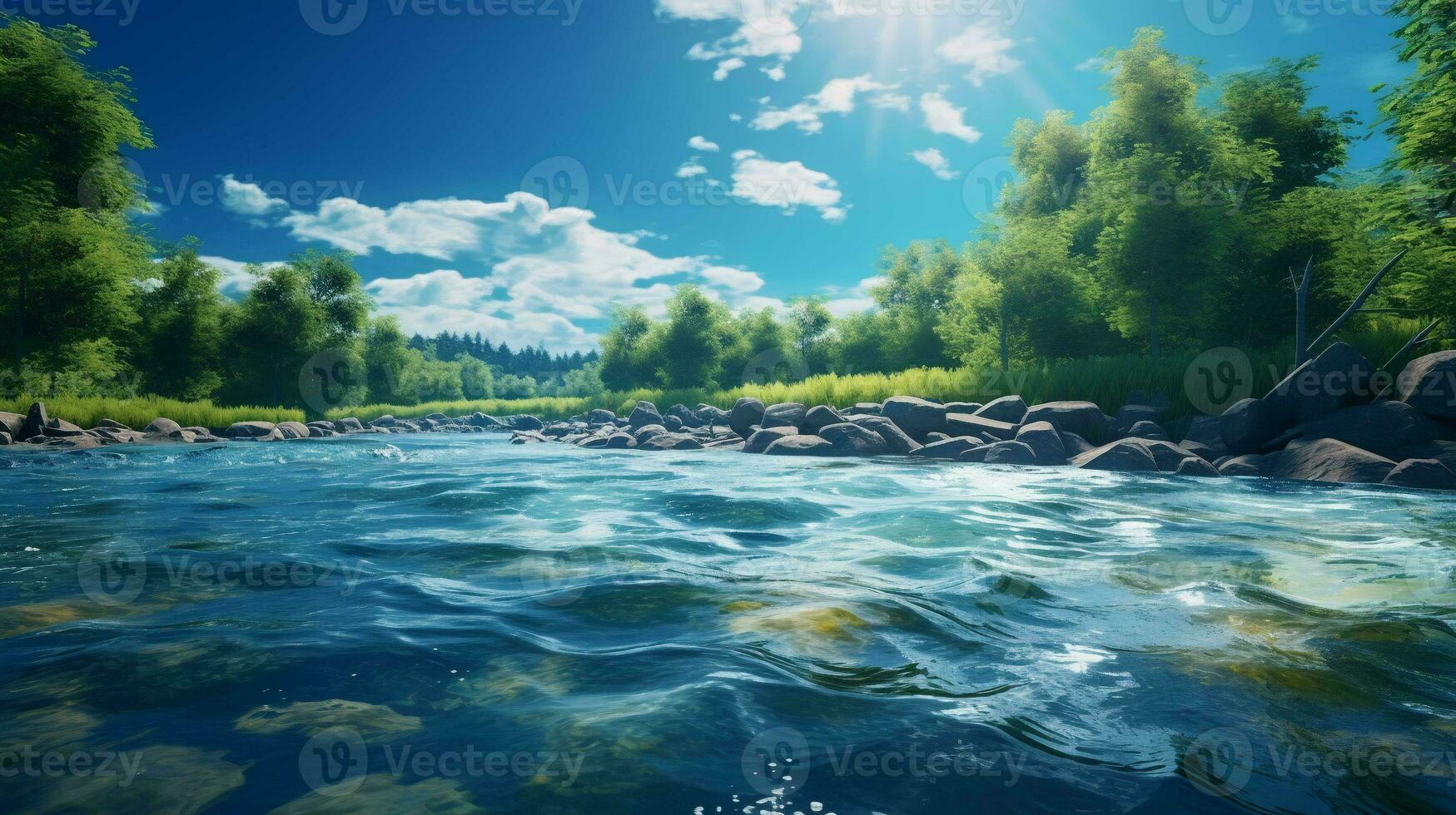 brillante río, tranquilo fluir, escénico belleza, amplio ángulo vista, cautivador paisaje foto